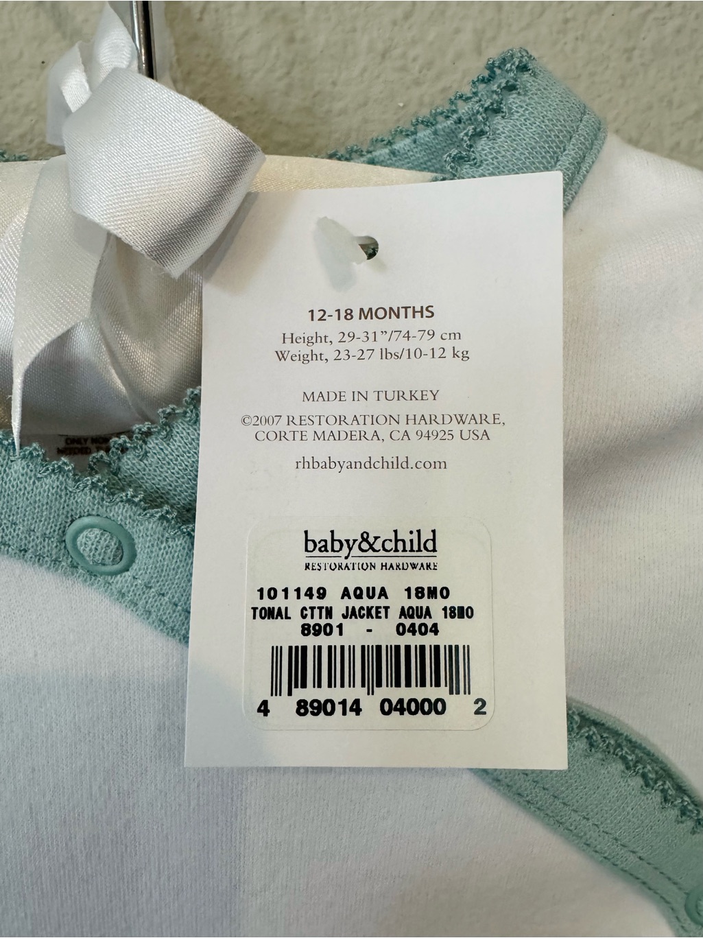 Nwt Restoration Hardware Baby&Child White Long-Sleeve Top With Aqua Trim, 12-18m — image 3 of 5